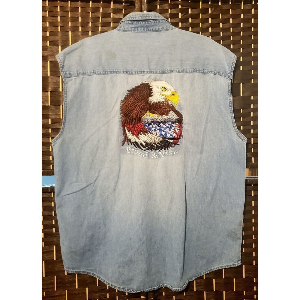 Proud and  Free Eagle Patch Cutoff Vest Short Sleeve Button Up Shirt XL Denim